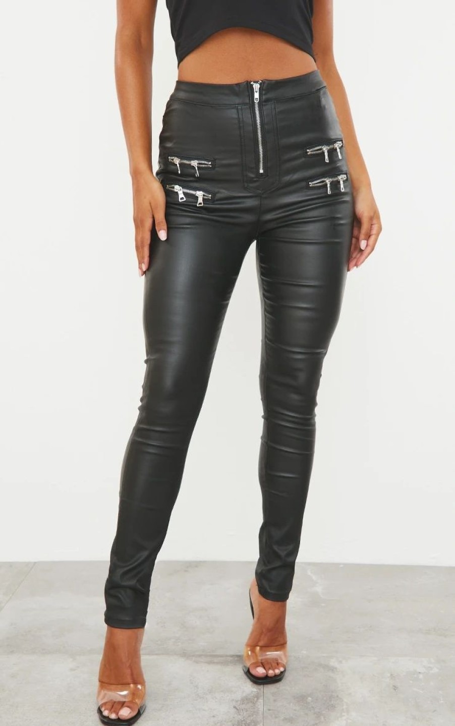 Black Jeans * | Black Biker Detail Coated Skinny Jeans