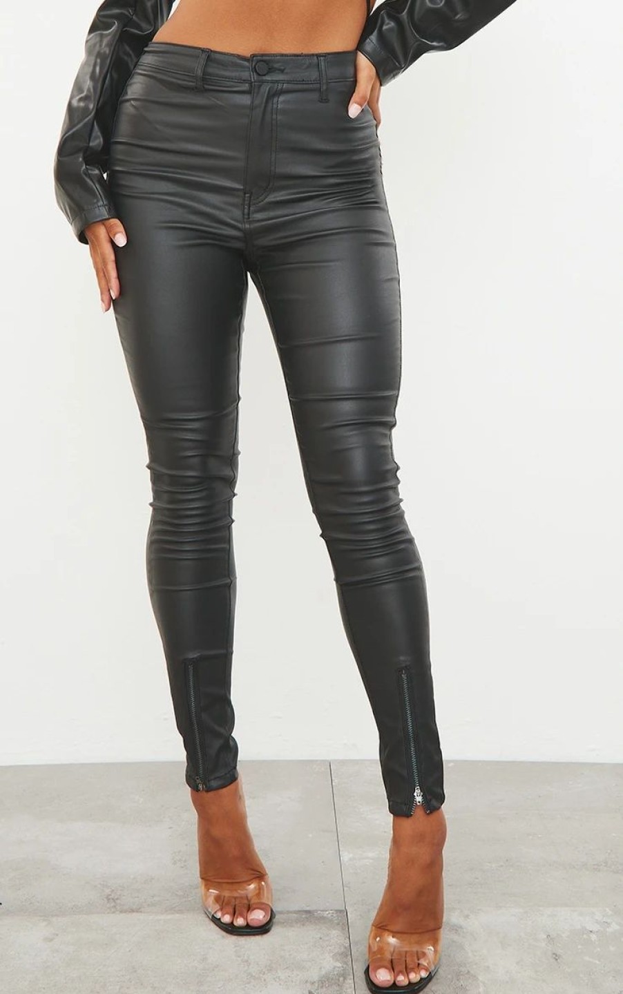 Black Jeans * | Black Zip Hem Detail Coated Denim Disco Jeans