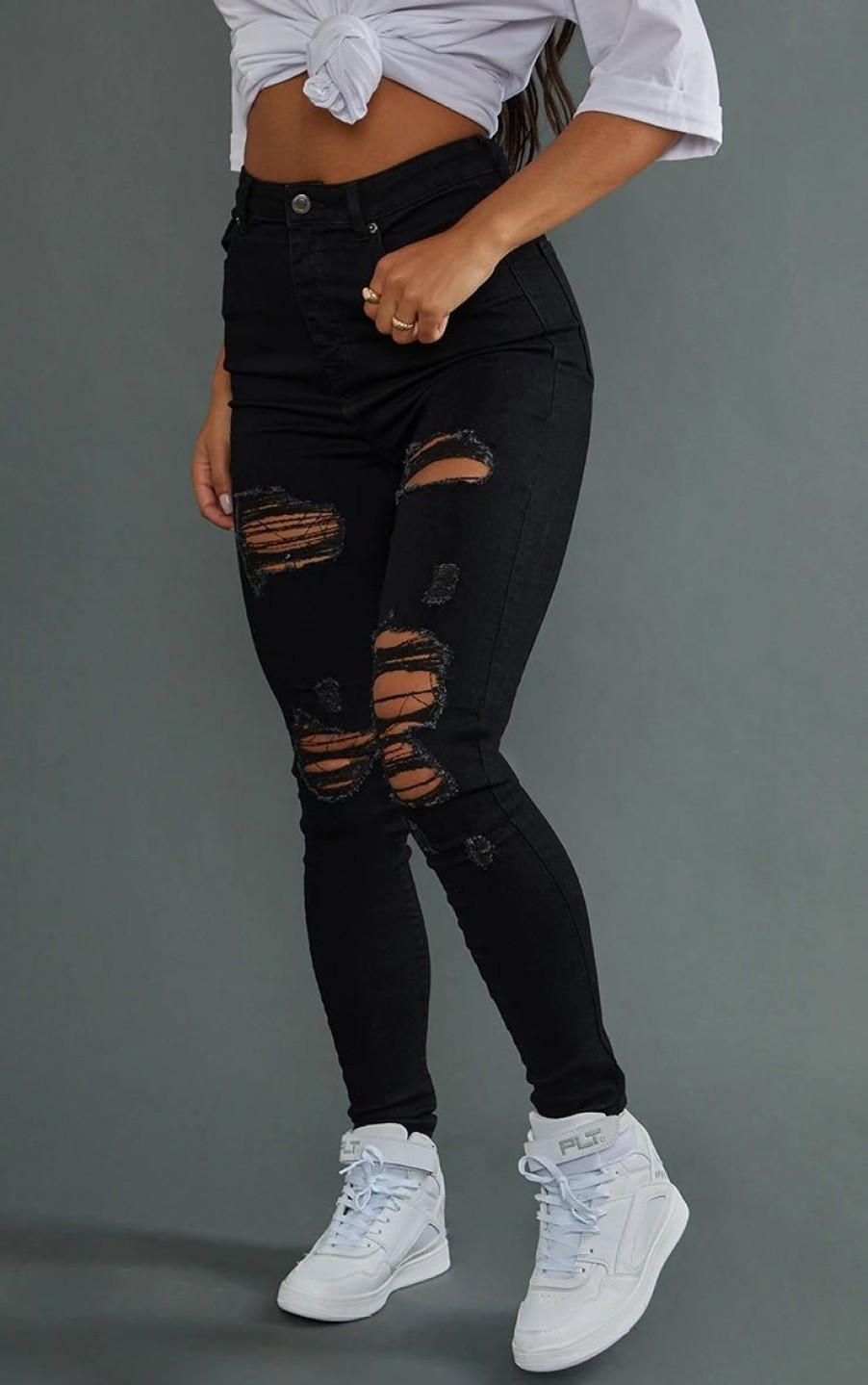 Black Jeans * | Prettylittlething Black Ripped 5 Pocket Skinny Jeans