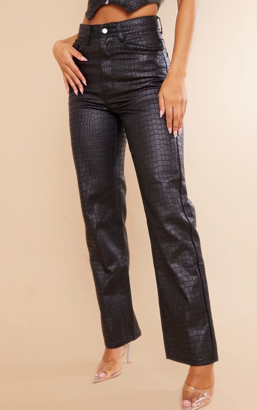 Black Jeans * | Black Croc Print Coated Denim Straight Leg Jeans