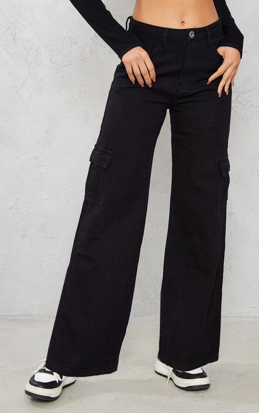 Black Jeans * | Washed Black Cargo Pocket Wide Leg Jeans