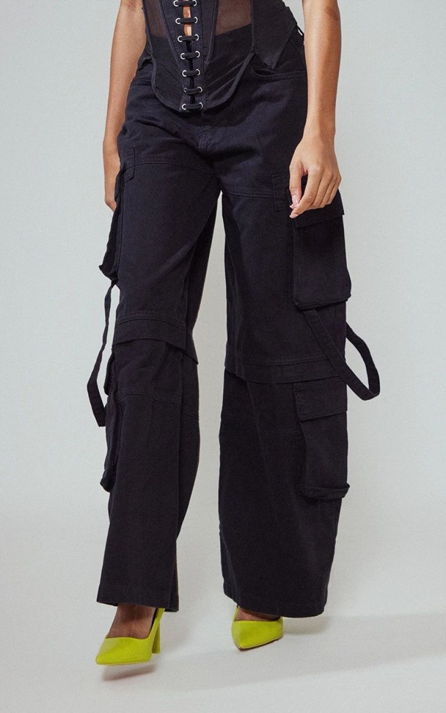 Black Jeans * | Black Baggy Wide Leg Cargo Pocket Jeans