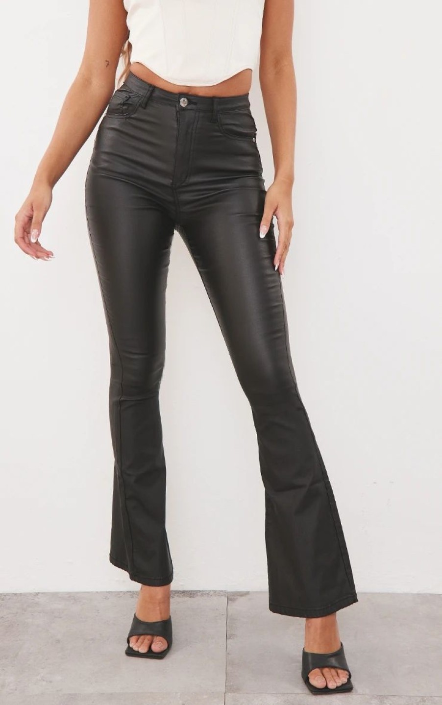 Black Jeans * | Black Coated 5 Pocket Flare Jeans