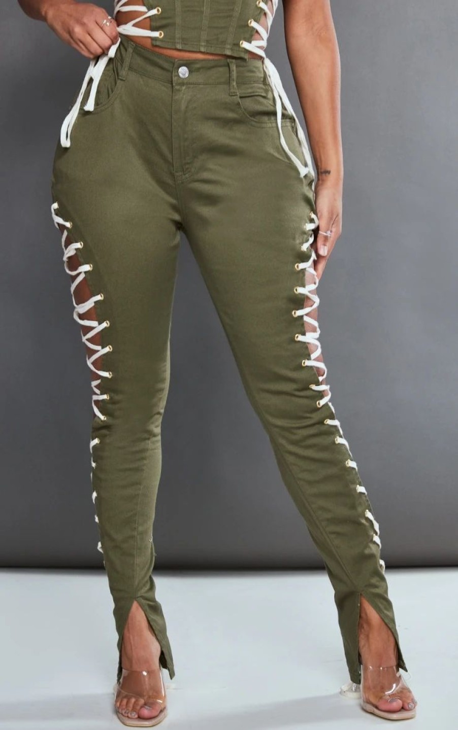 Skinny Jeans * | Shape Khaki Lace Up Side Skinny Jeans