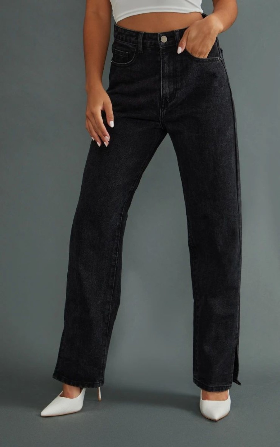 Black Jeans * | Petite Black Split Hem Jeans