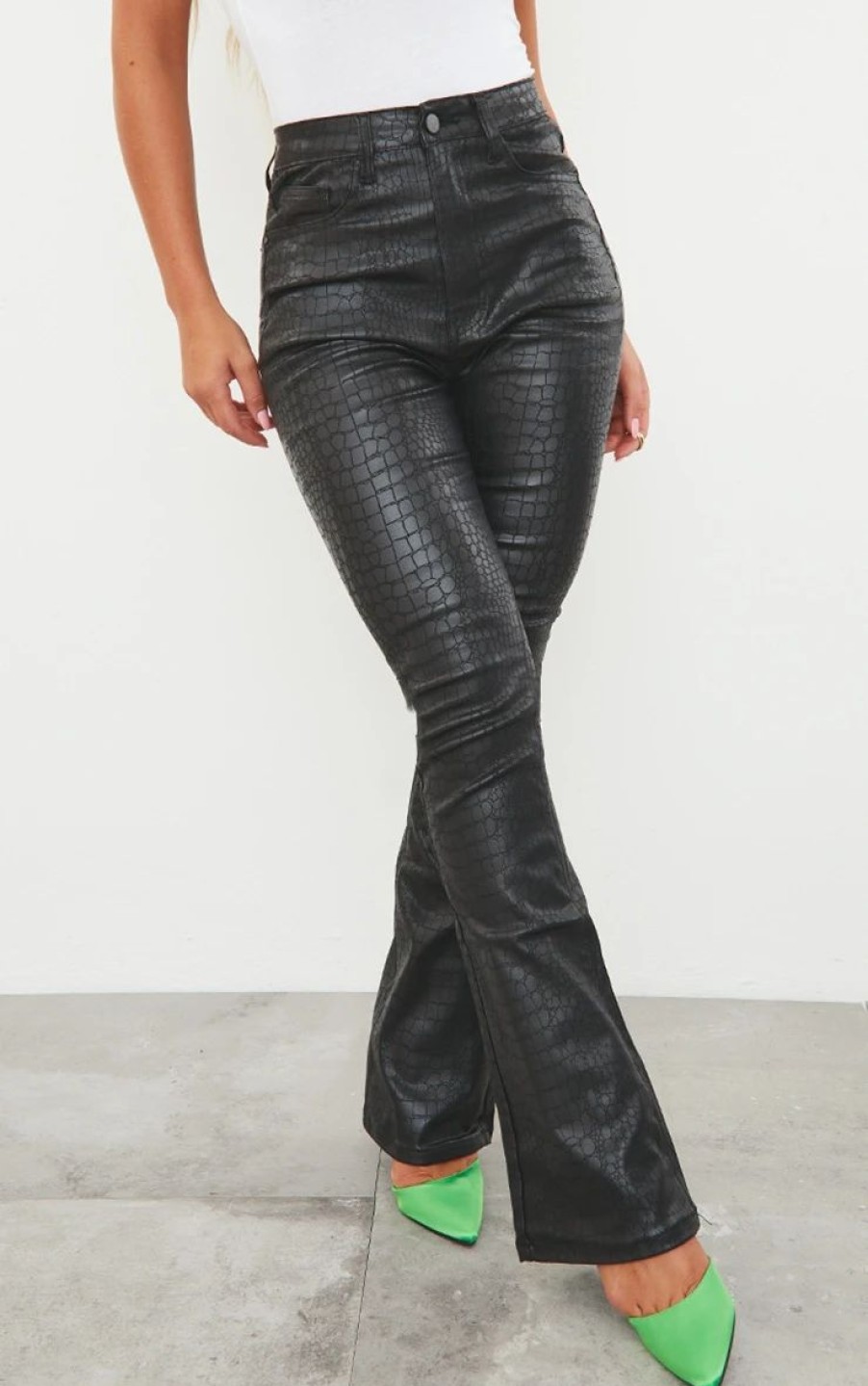 Black Jeans * | Black Coated Croc Denim Flared Jeans